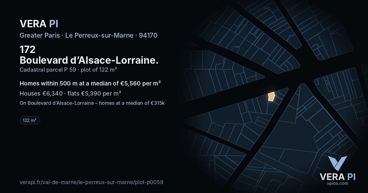 172 Boulevard d’Alsace-Lorraine, Le Perreux-sur-Marne at night – the plot lit, the parcels around coloured by the prices near them