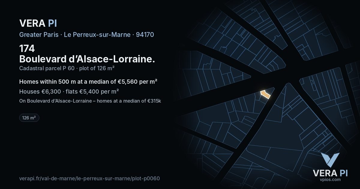 174 Boulevard d’Alsace-Lorraine, Le Perreux-sur-Marne at night – the plot lit, the parcels around coloured by the prices near them