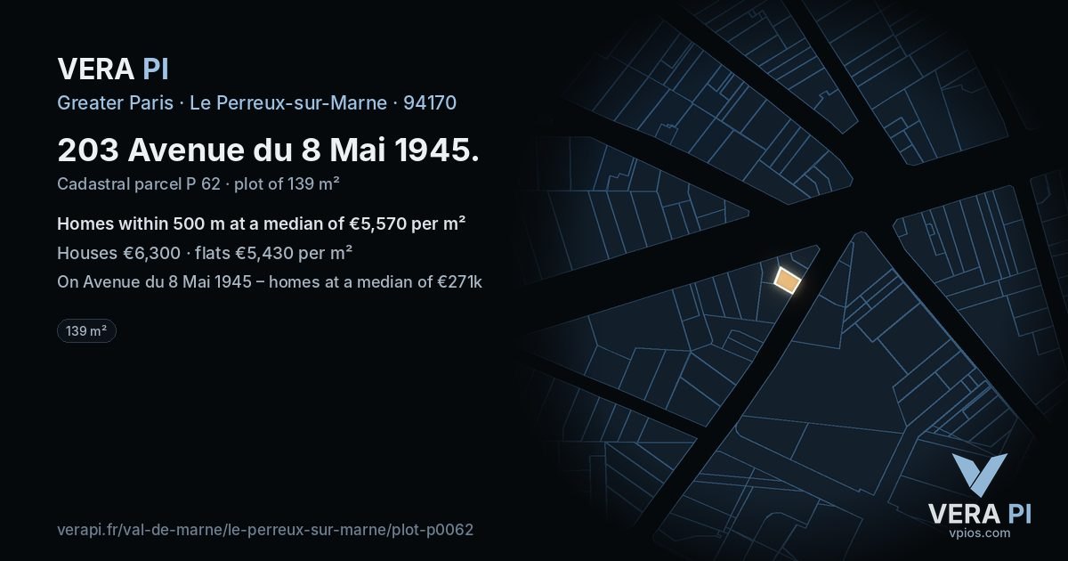 203 Avenue du 8 Mai 1945, Le Perreux-sur-Marne at night – the plot lit, the parcels around coloured by the prices near them