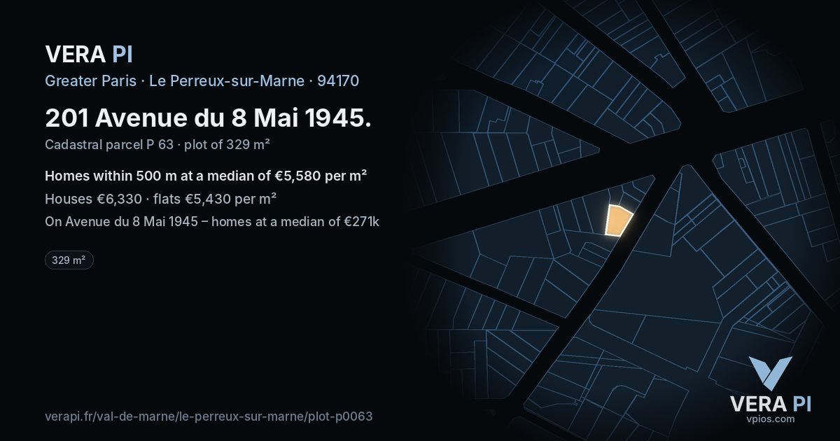 201 Avenue du 8 Mai 1945, Le Perreux-sur-Marne at night – the plot lit, the parcels around coloured by the prices near them
