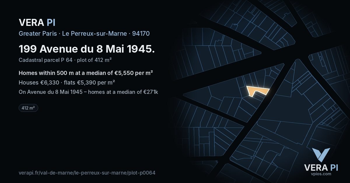 199 Avenue du 8 Mai 1945, Le Perreux-sur-Marne at night – the plot lit, the parcels around coloured by the prices near them