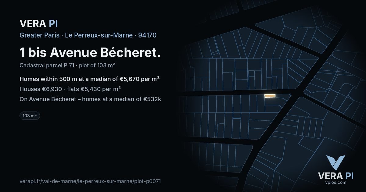 1 bis Avenue Bécheret, Le Perreux-sur-Marne at night – the plot lit, the parcels around coloured by the prices near them