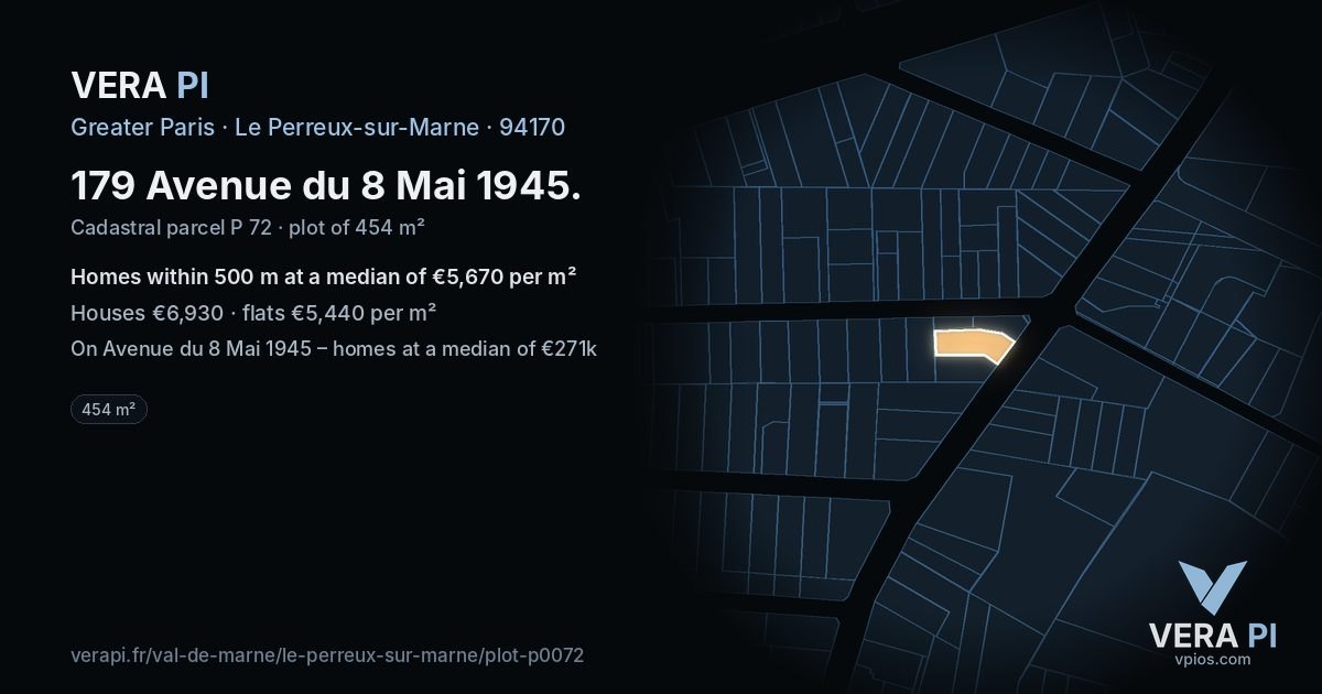 179 Avenue du 8 Mai 1945, Le Perreux-sur-Marne at night – the plot lit, the parcels around coloured by the prices near them