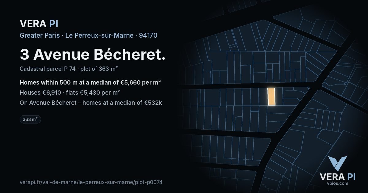3 Avenue Bécheret, Le Perreux-sur-Marne at night – the plot lit, the parcels around coloured by the prices near them