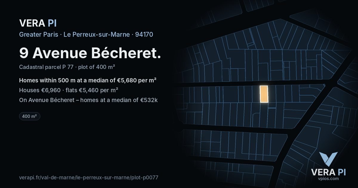 9 Avenue Bécheret, Le Perreux-sur-Marne at night – the plot lit, the parcels around coloured by the prices near them