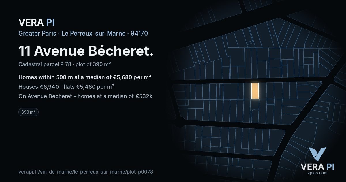 11 Avenue Bécheret, Le Perreux-sur-Marne at night – the plot lit, the parcels around coloured by the prices near them