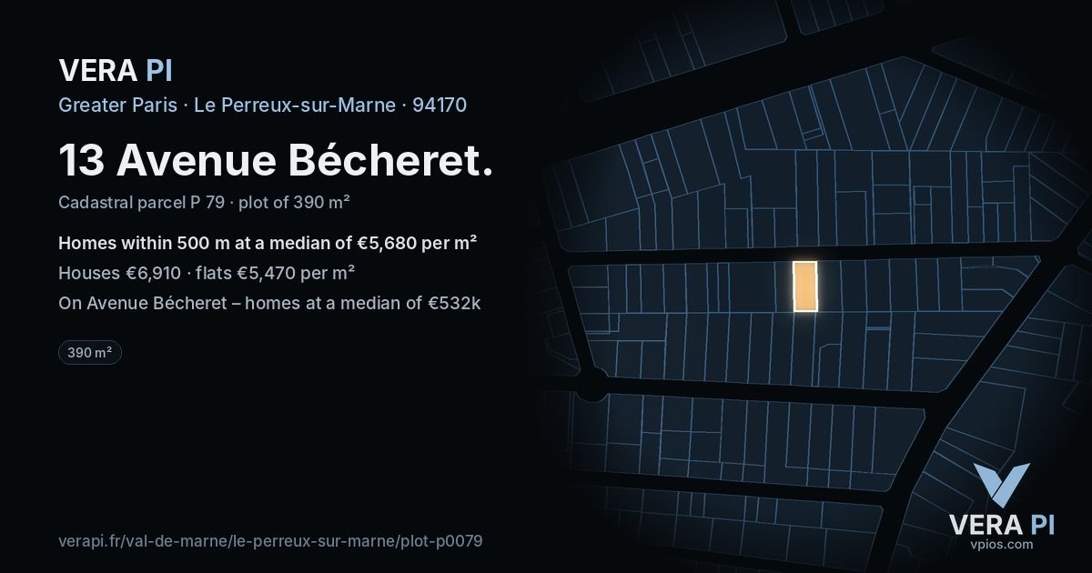 13 Avenue Bécheret, Le Perreux-sur-Marne at night – the plot lit, the parcels around coloured by the prices near them