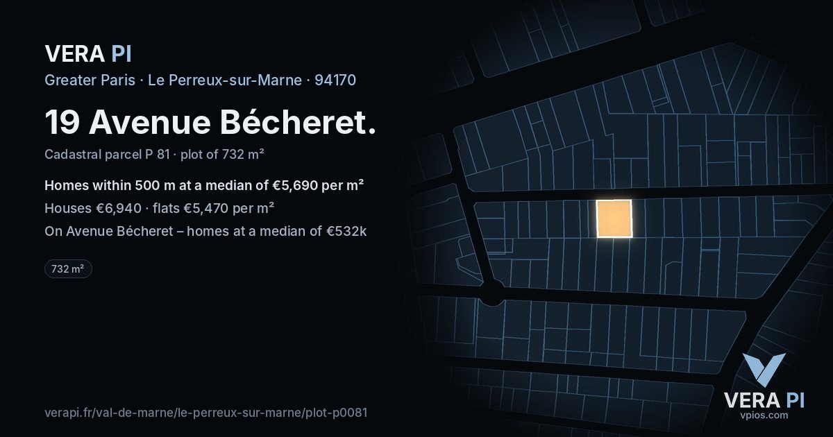 19 Avenue Bécheret, Le Perreux-sur-Marne at night – the plot lit, the parcels around coloured by the prices near them