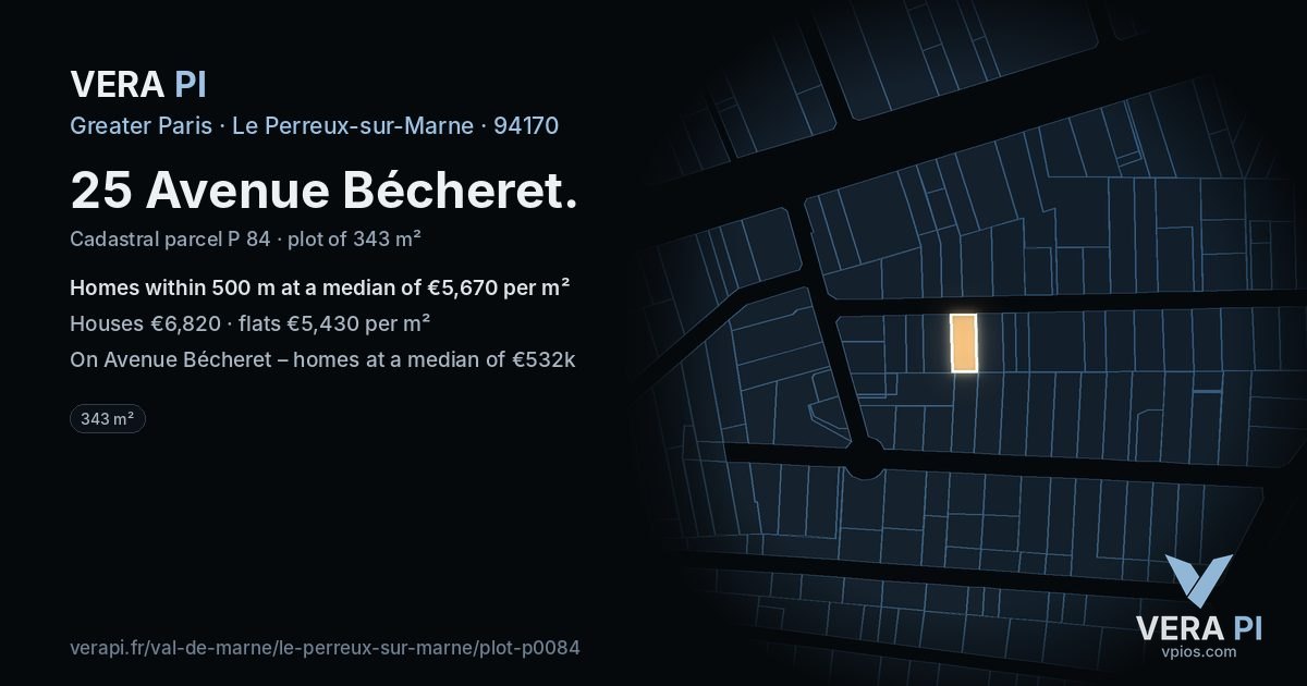 25 Avenue Bécheret, Le Perreux-sur-Marne at night – the plot lit, the parcels around coloured by the prices near them