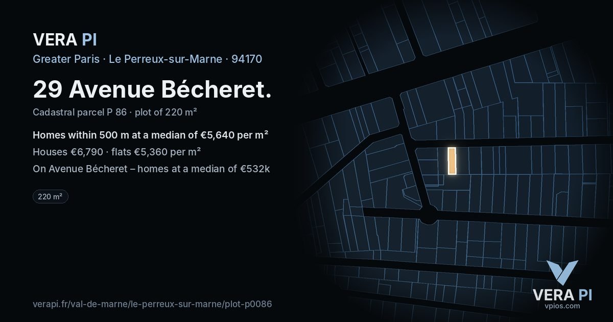 29 Avenue Bécheret, Le Perreux-sur-Marne at night – the plot lit, the parcels around coloured by the prices near them