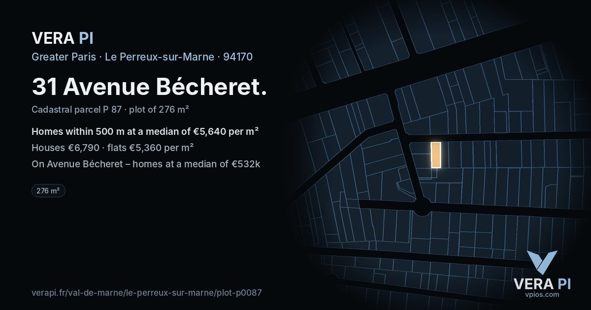 31 Avenue Bécheret, Le Perreux-sur-Marne at night – the plot lit, the parcels around coloured by the prices near them