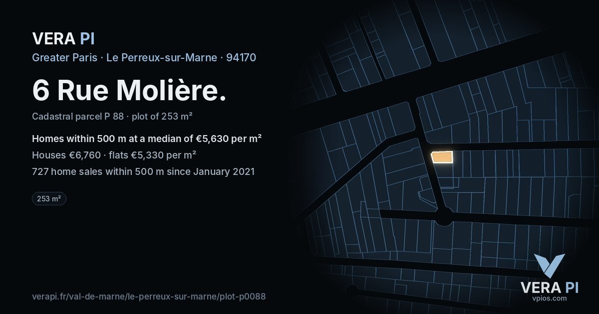 6 Rue Molière, Le Perreux-sur-Marne at night – the plot lit, the parcels around coloured by the prices near them