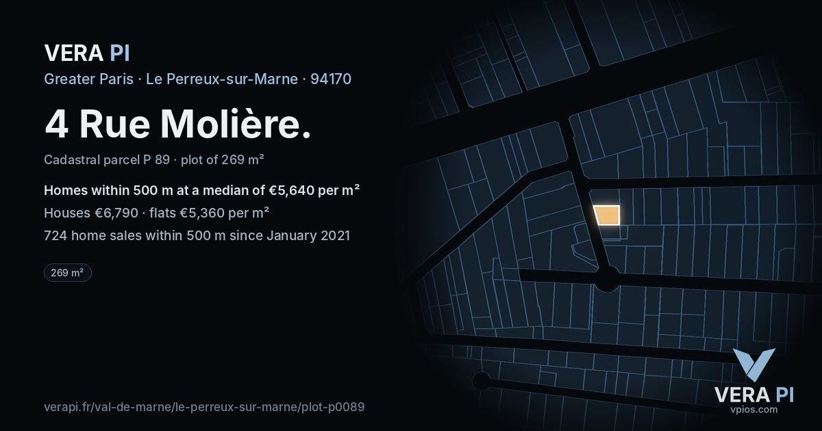 4 Rue Molière, Le Perreux-sur-Marne at night – the plot lit, the parcels around coloured by the prices near them