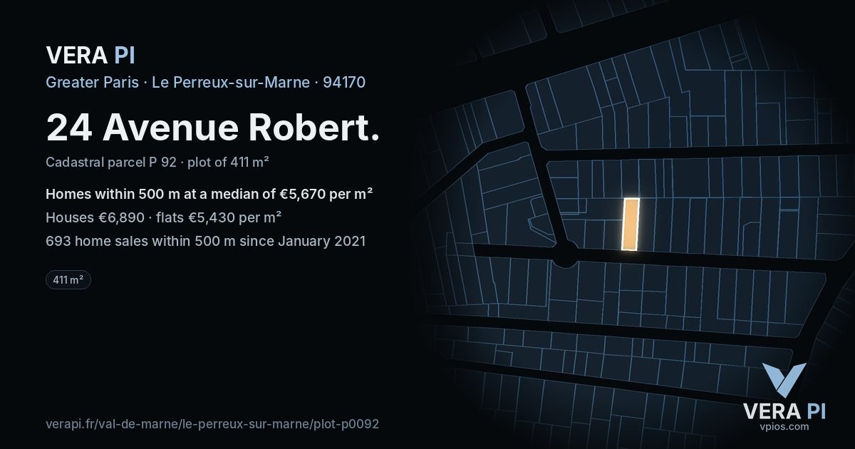 24 Avenue Robert, Le Perreux-sur-Marne at night – the plot lit, the parcels around coloured by the prices near them