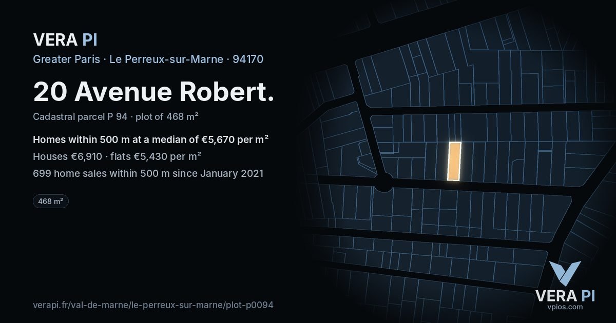 20 Avenue Robert, Le Perreux-sur-Marne at night – the plot lit, the parcels around coloured by the prices near them