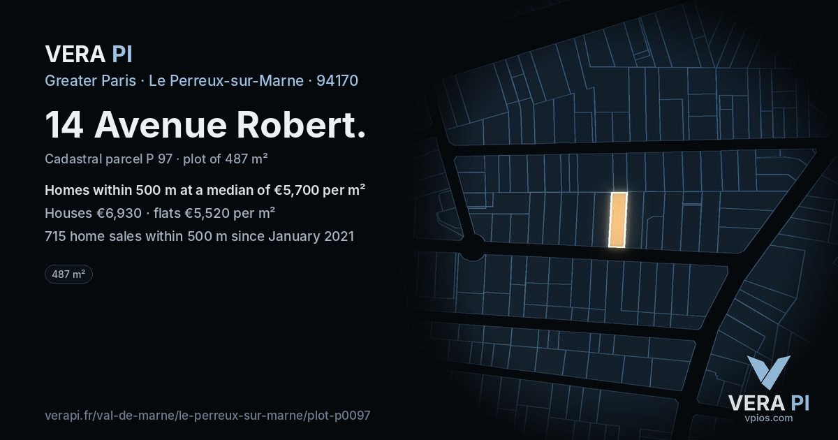 14 Avenue Robert, Le Perreux-sur-Marne at night – the plot lit, the parcels around coloured by the prices near them