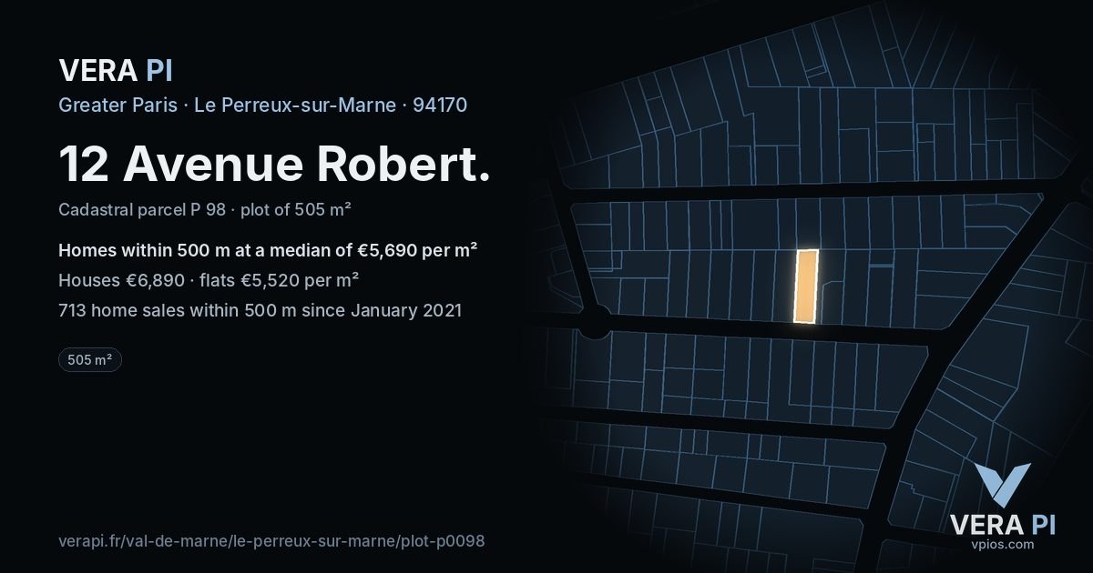 12 Avenue Robert, Le Perreux-sur-Marne at night – the plot lit, the parcels around coloured by the prices near them