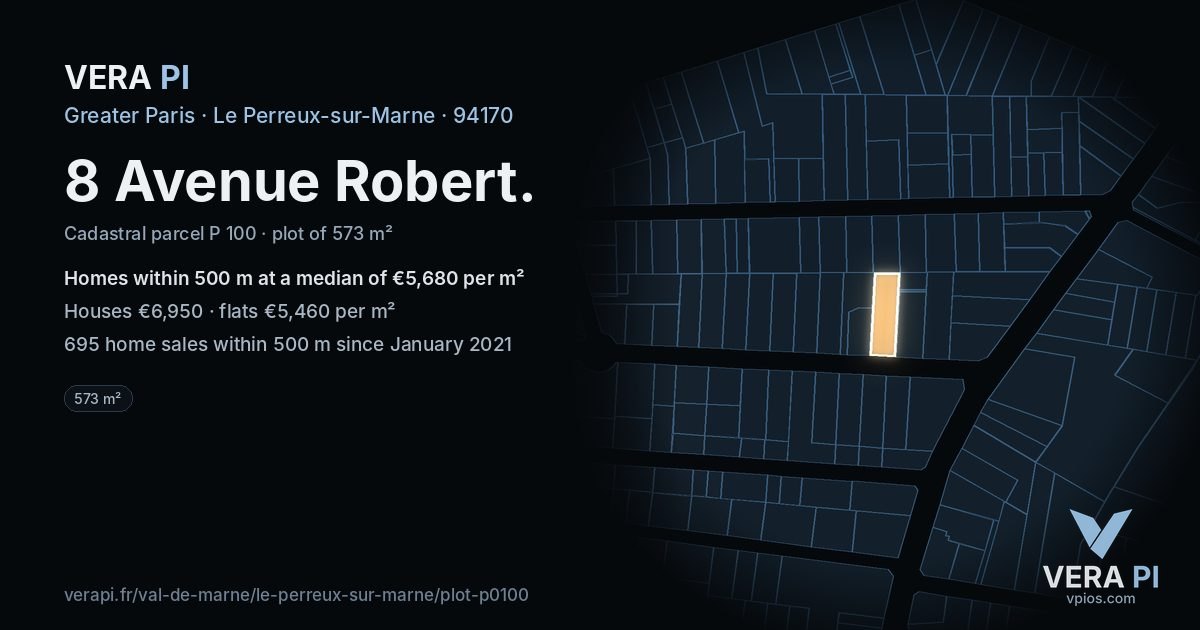 8 Avenue Robert, Le Perreux-sur-Marne at night – the plot lit, the parcels around coloured by the prices near them