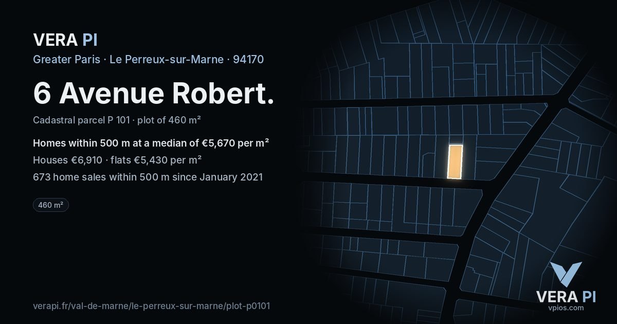 6 Avenue Robert, Le Perreux-sur-Marne at night – the plot lit, the parcels around coloured by the prices near them