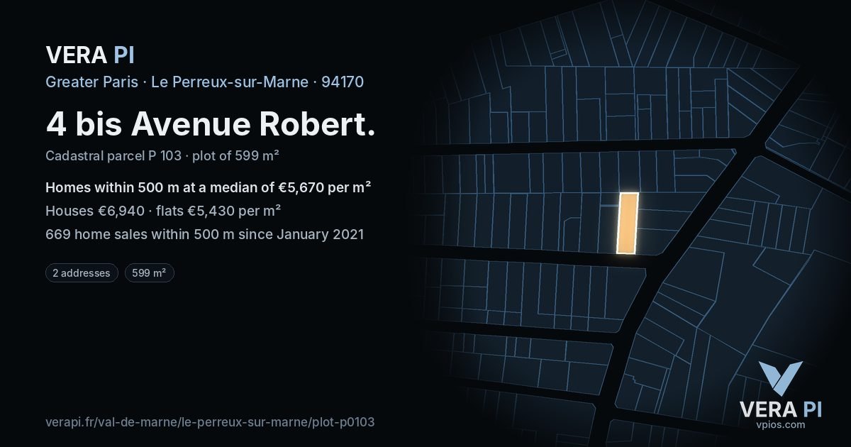 4 bis Avenue Robert, Le Perreux-sur-Marne at night – the plot lit, the parcels around coloured by the prices near them
