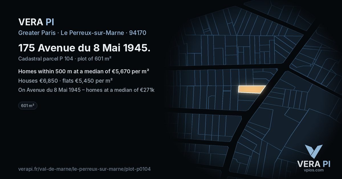 175 Avenue du 8 Mai 1945, Le Perreux-sur-Marne at night – the plot lit, the parcels around coloured by the prices near them