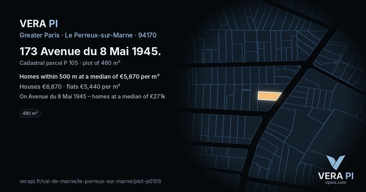 173 Avenue du 8 Mai 1945, Le Perreux-sur-Marne at night – the plot lit, the parcels around coloured by the prices near them
