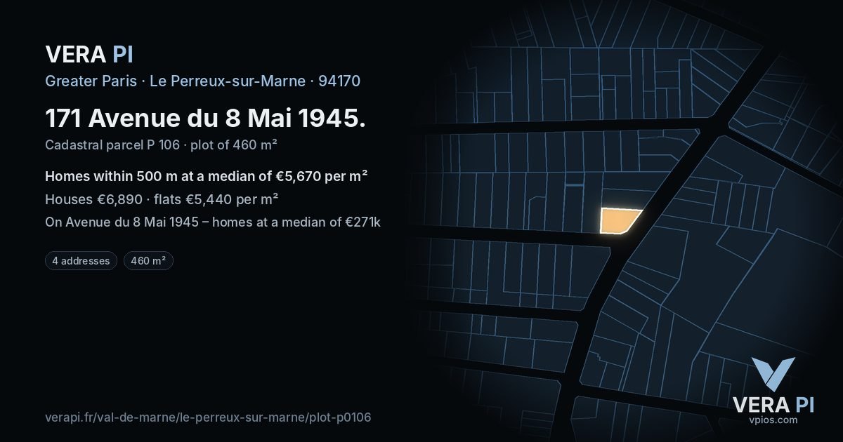 171 Avenue du 8 Mai 1945, Le Perreux-sur-Marne at night – the plot lit, the parcels around coloured by the prices near them