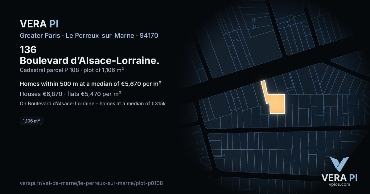 136 Boulevard d’Alsace-Lorraine, Le Perreux-sur-Marne at night – the plot lit, the parcels around coloured by the prices near them