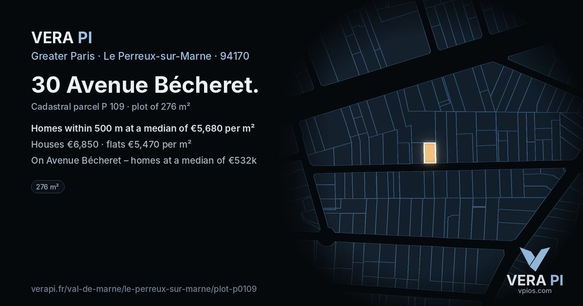 30 Avenue Bécheret, Le Perreux-sur-Marne at night – the plot lit, the parcels around coloured by the prices near them