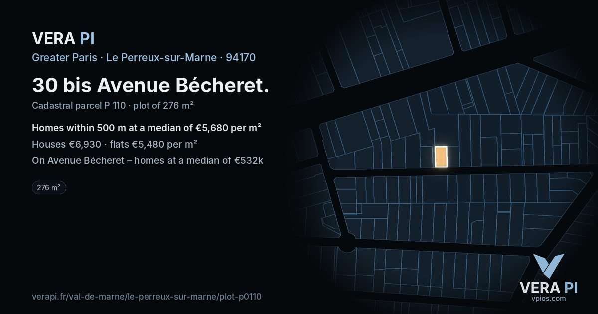 30 bis Avenue Bécheret, Le Perreux-sur-Marne at night – the plot lit, the parcels around coloured by the prices near them