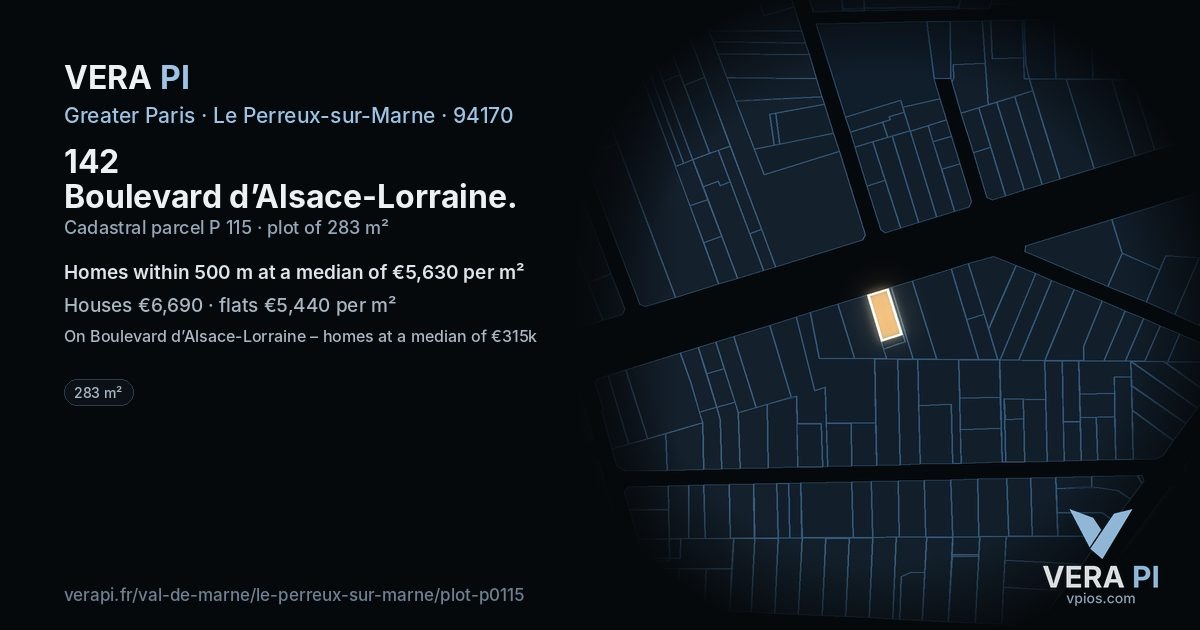 142 Boulevard d’Alsace-Lorraine, Le Perreux-sur-Marne at night – the plot lit, the parcels around coloured by the prices near them