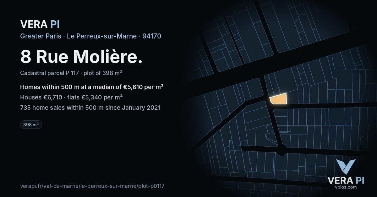 8 Rue Molière, Le Perreux-sur-Marne at night – the plot lit, the parcels around coloured by the prices near them