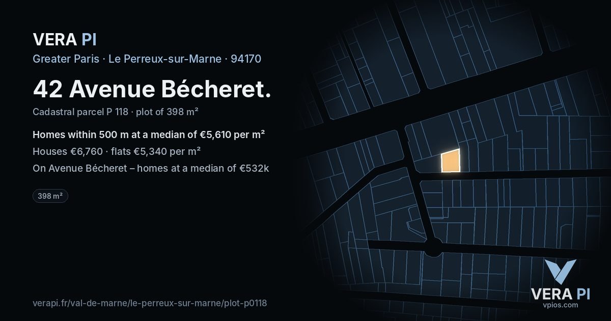 42 Avenue Bécheret, Le Perreux-sur-Marne at night – the plot lit, the parcels around coloured by the prices near them
