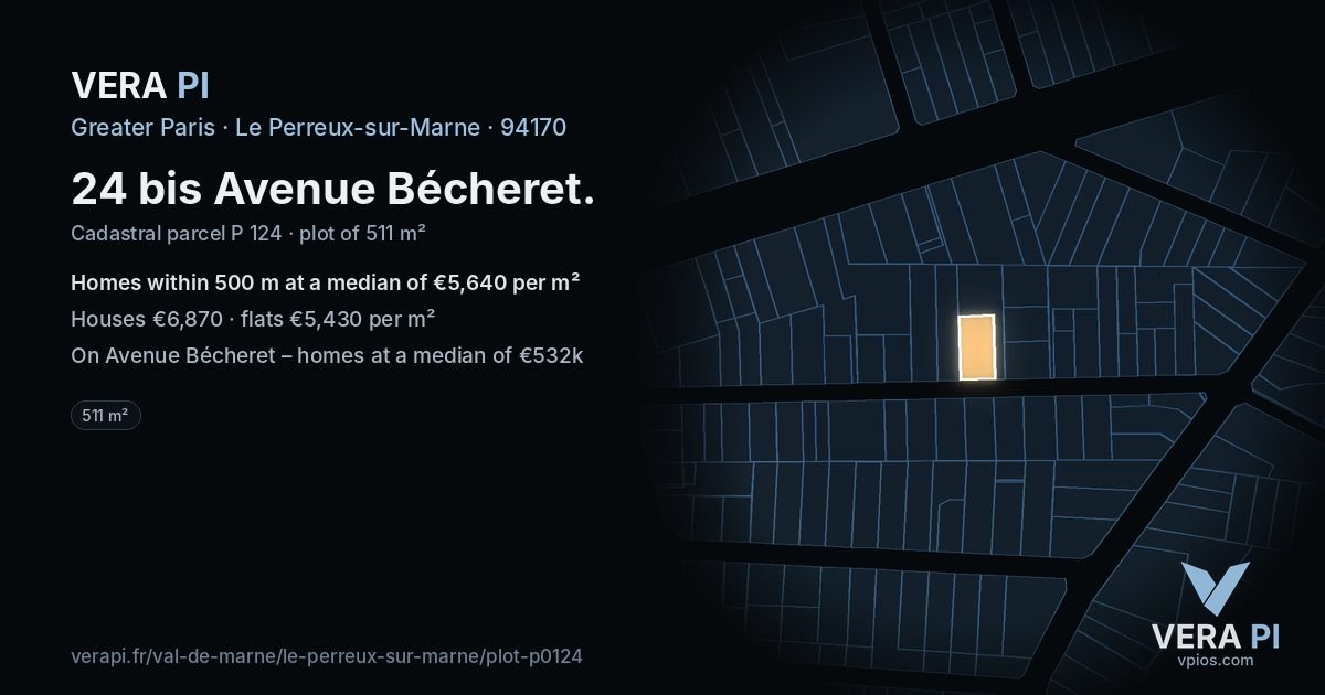 24 bis Avenue Bécheret, Le Perreux-sur-Marne at night – the plot lit, the parcels around coloured by the prices near them