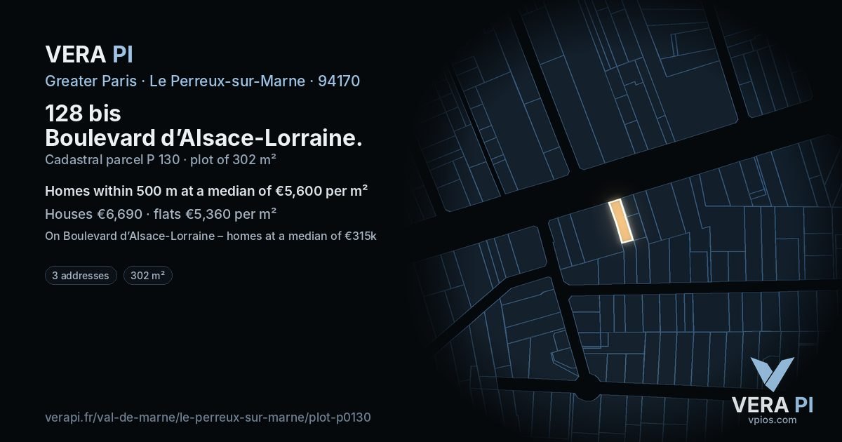 128 bis Boulevard d’Alsace-Lorraine, Le Perreux-sur-Marne at night – the plot lit, the parcels around coloured by the prices near them