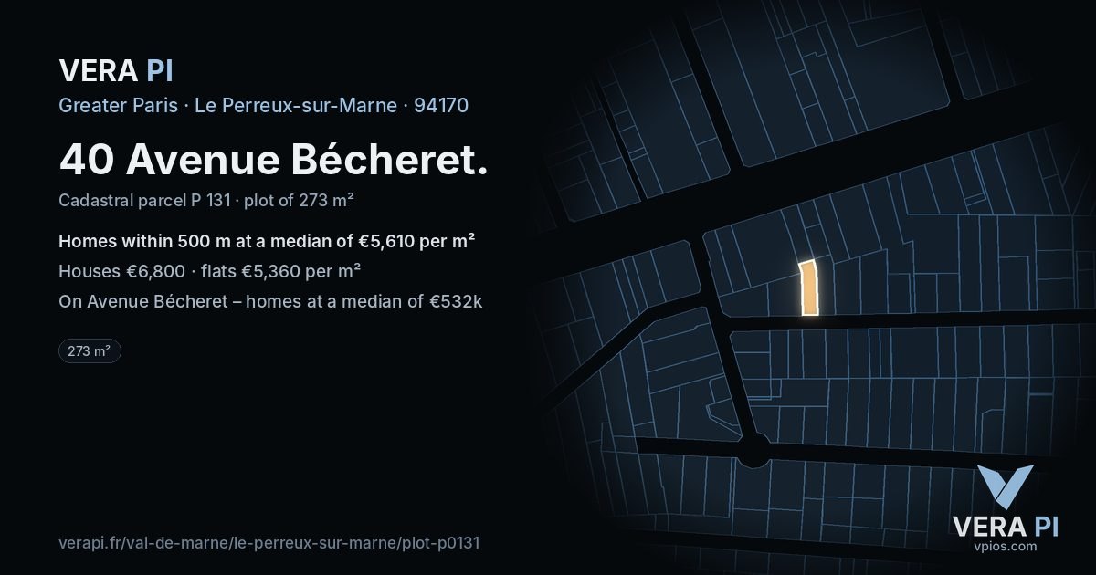 40 Avenue Bécheret, Le Perreux-sur-Marne at night – the plot lit, the parcels around coloured by the prices near them