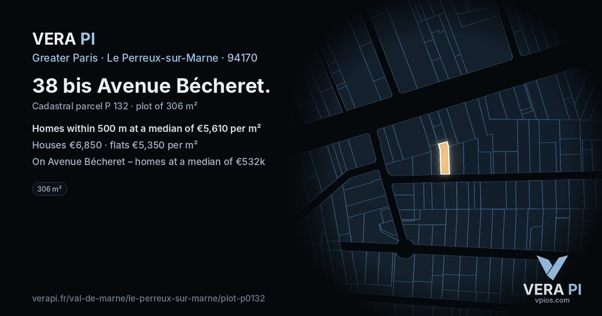 38 bis Avenue Bécheret, Le Perreux-sur-Marne at night – the plot lit, the parcels around coloured by the prices near them