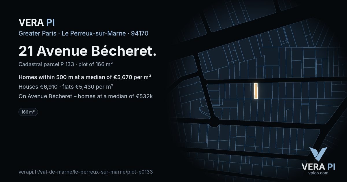21 Avenue Bécheret, Le Perreux-sur-Marne at night – the plot lit, the parcels around coloured by the prices near them
