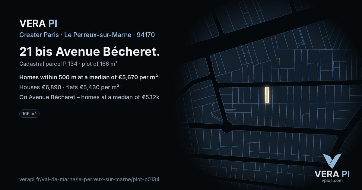 21 bis Avenue Bécheret, Le Perreux-sur-Marne at night – the plot lit, the parcels around coloured by the prices near them