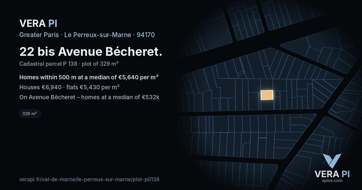 22 bis Avenue Bécheret, Le Perreux-sur-Marne at night – the plot lit, the parcels around coloured by the prices near them