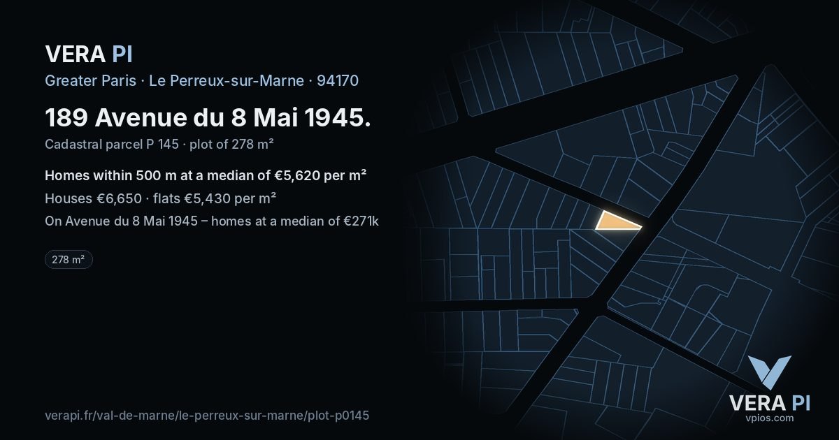 189 Avenue du 8 Mai 1945, Le Perreux-sur-Marne at night – the plot lit, the parcels around coloured by the prices near them