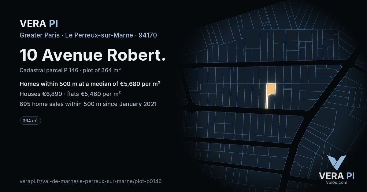 10 Avenue Robert, Le Perreux-sur-Marne at night – the plot lit, the parcels around coloured by the prices near them