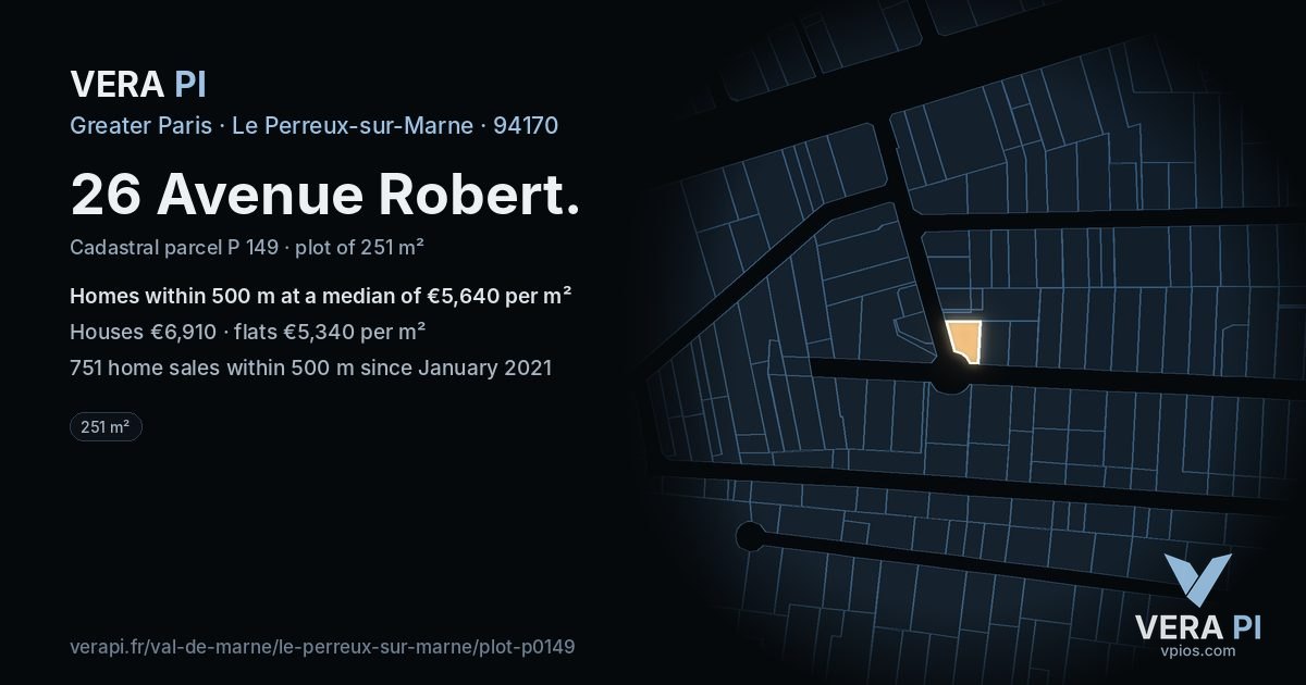 26 Avenue Robert, Le Perreux-sur-Marne at night – the plot lit, the parcels around coloured by the prices near them