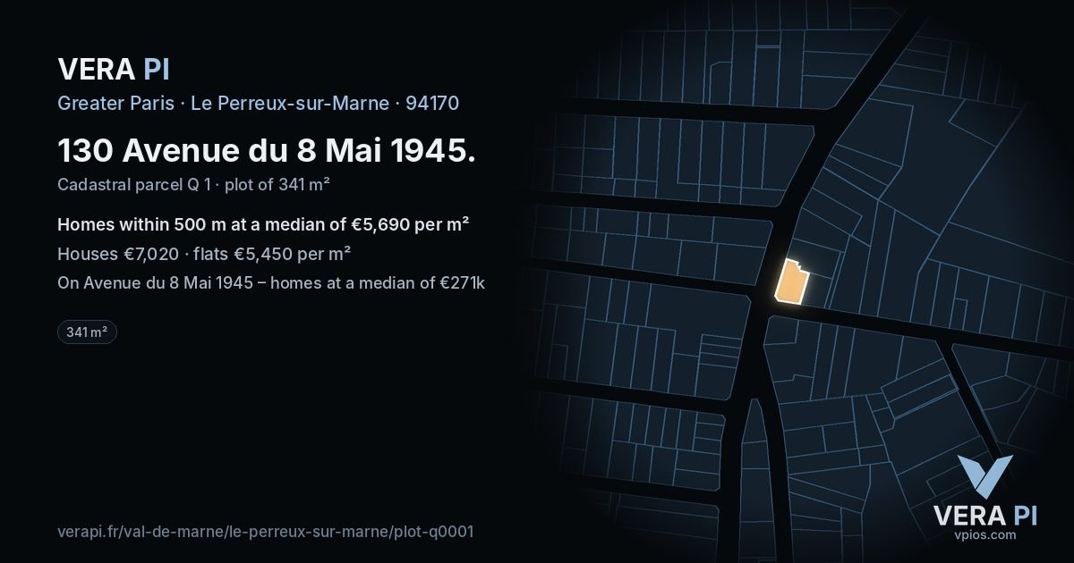130 Avenue du 8 Mai 1945, Le Perreux-sur-Marne at night – the plot lit, the parcels around coloured by the prices near them
