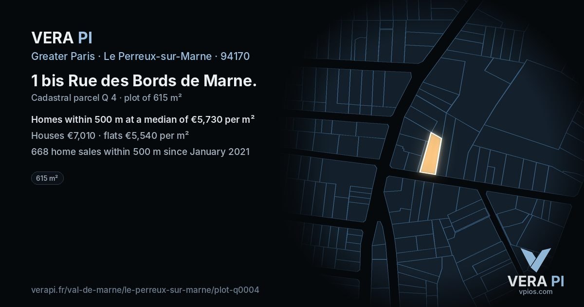 1 bis Rue des Bords de Marne, Le Perreux-sur-Marne at night – the plot lit, the parcels around coloured by the prices near them