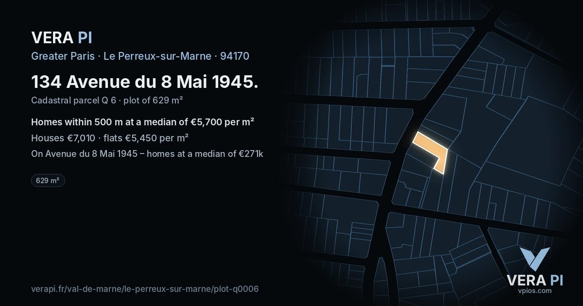 134 Avenue du 8 Mai 1945, Le Perreux-sur-Marne at night – the plot lit, the parcels around coloured by the prices near them