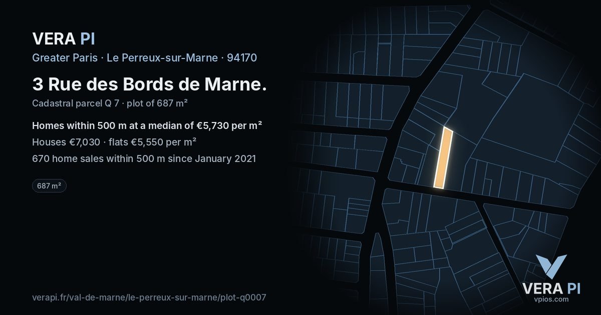 3 Rue des Bords de Marne, Le Perreux-sur-Marne at night – the plot lit, the parcels around coloured by the prices near them