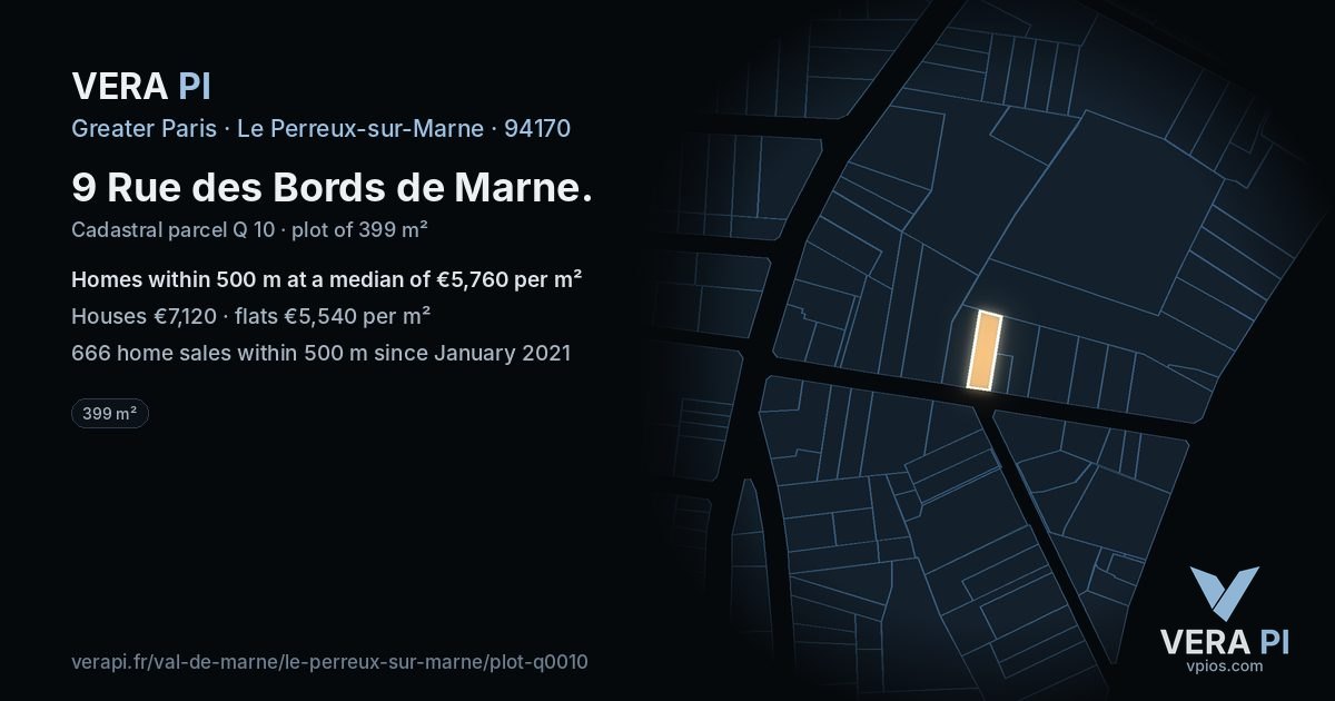 9 Rue des Bords de Marne, Le Perreux-sur-Marne at night – the plot lit, the parcels around coloured by the prices near them