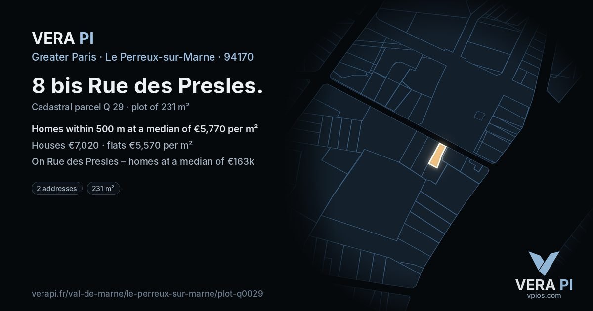 8 bis Rue des Presles, Le Perreux-sur-Marne at night – the plot lit, the parcels around coloured by the prices near them