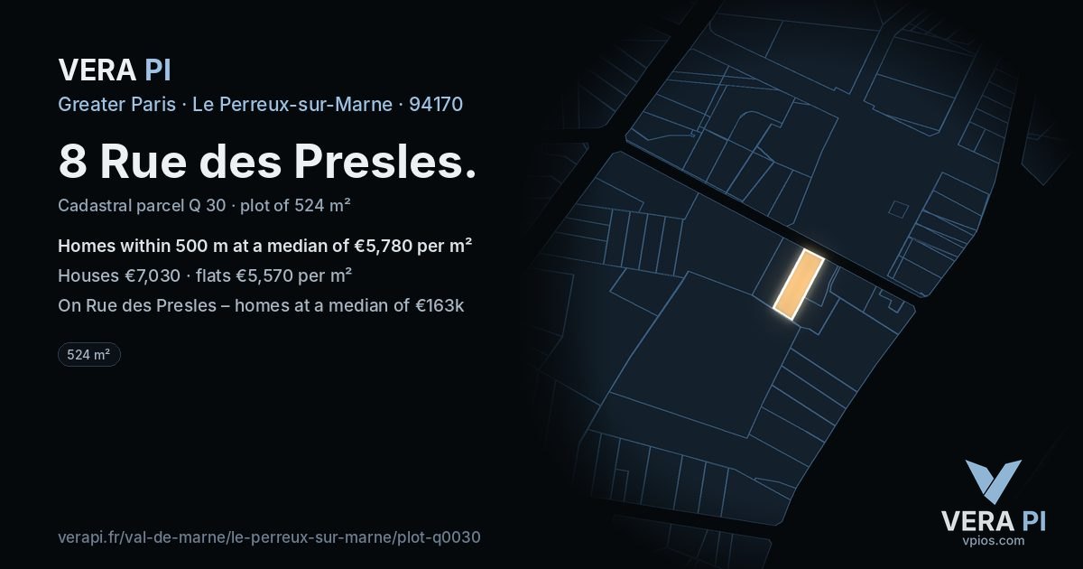 8 Rue des Presles, Le Perreux-sur-Marne at night – the plot lit, the parcels around coloured by the prices near them